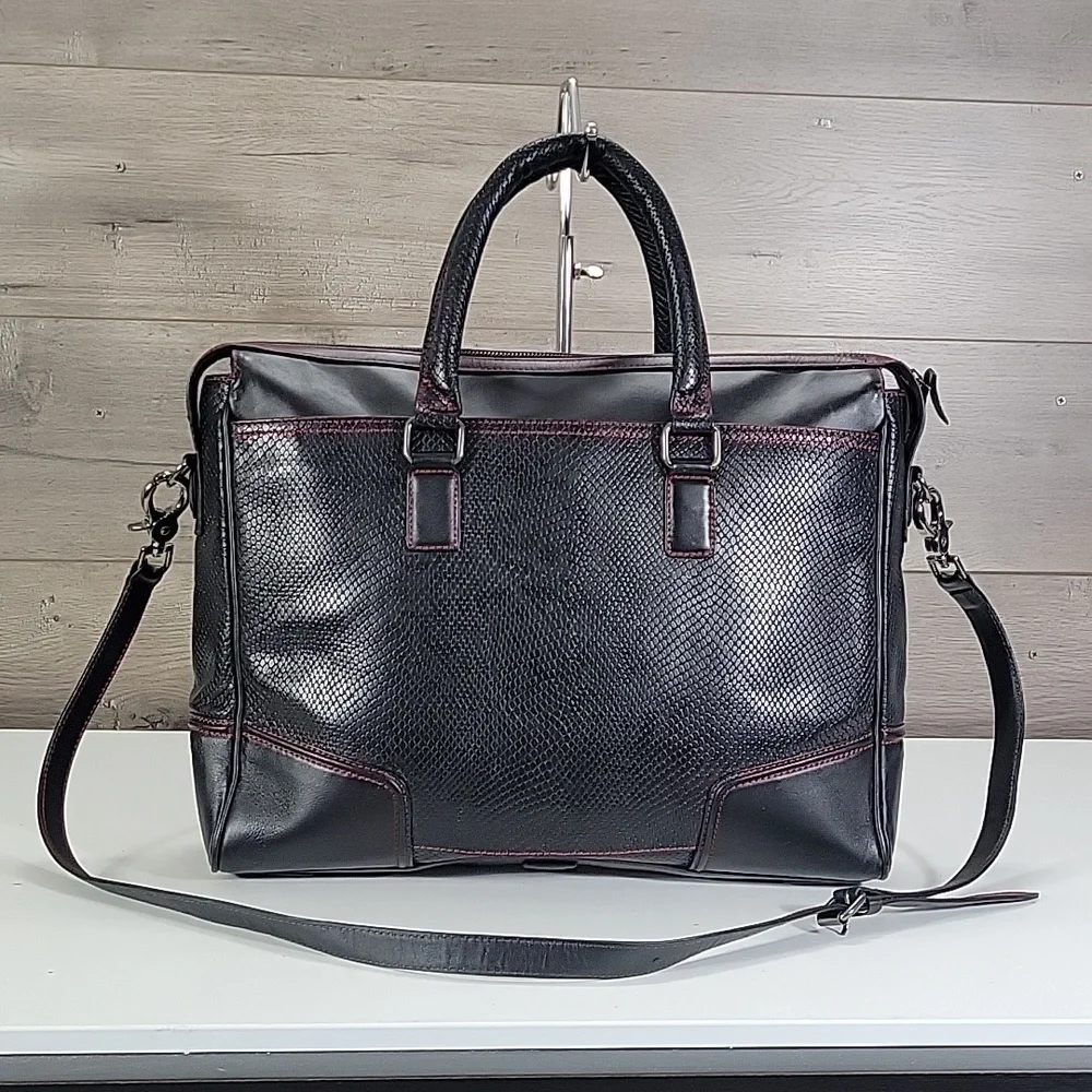 Karpassi Black Leather Briefcase Laptop Bag with Red Stitching